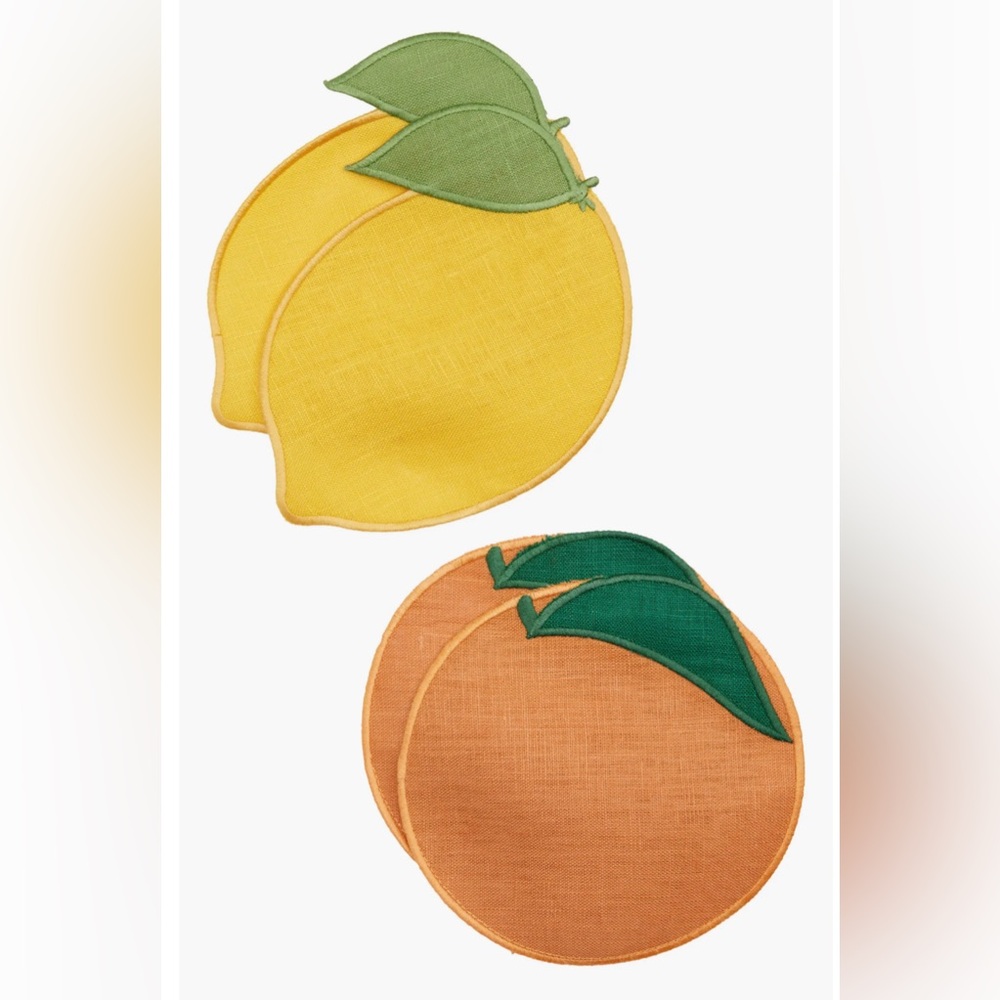 PIECEWORK PUZZLES Set of 4 Citrus Linen Cocktail Napkins, Lemon Orange.